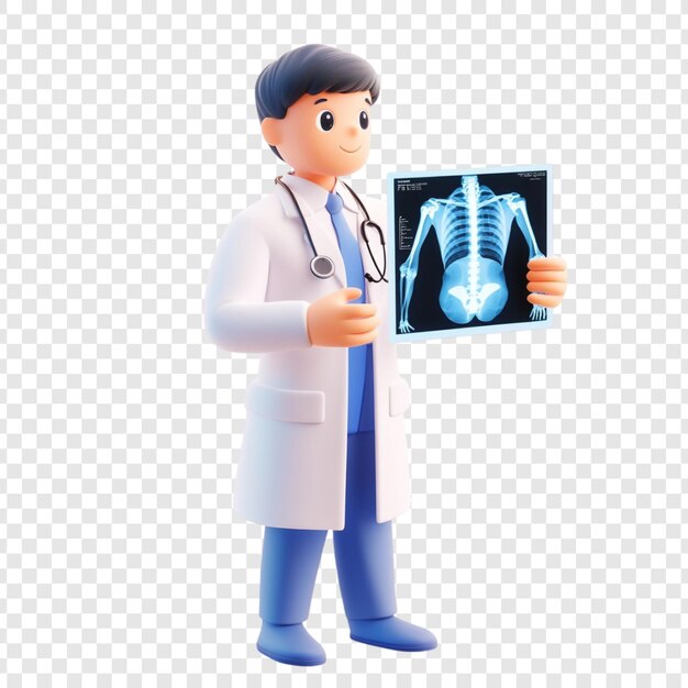 Médico de dibujos animados en 3D examinando el análisis de la columna vertebral por rayos X