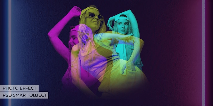 PSD Gratis medium shot woman posing triple color effect