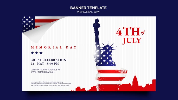 PSD Gratis memorial day banner template with flag