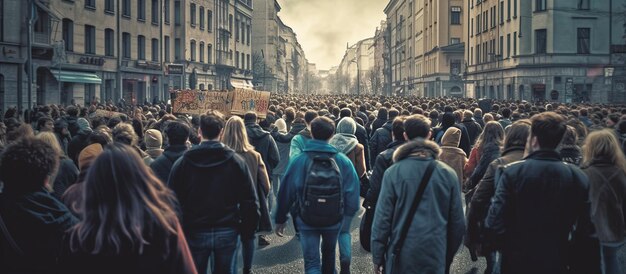 Menigte van mensen die samen protesteren terwijl ze in de stad lopen Generatieve AI