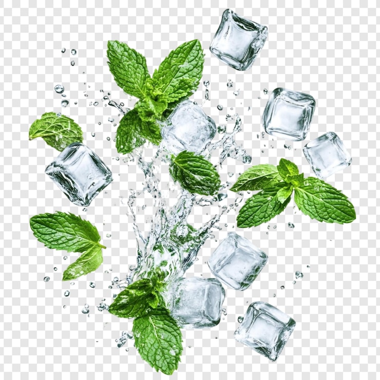 PSD gratuito mentola rinfrescante e cubetti di ghiaccio spruzzati nell'acqua
