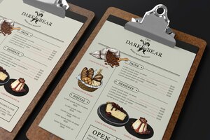 PSD gratuito menú de cafetería con maqueta de imágenes psd en portapapeles diseño de identidad corporativa