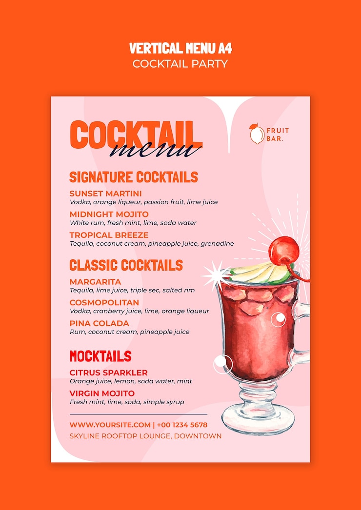 PSD gratuito menu cocktail per un cocktail party con bevande signature e classiche