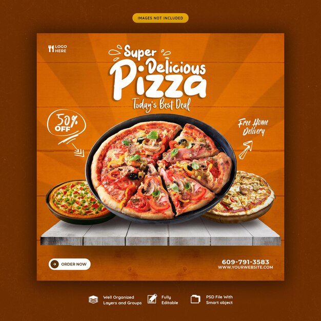 Menú de comida y deliciosa pizza plantilla de banner de redes sociales