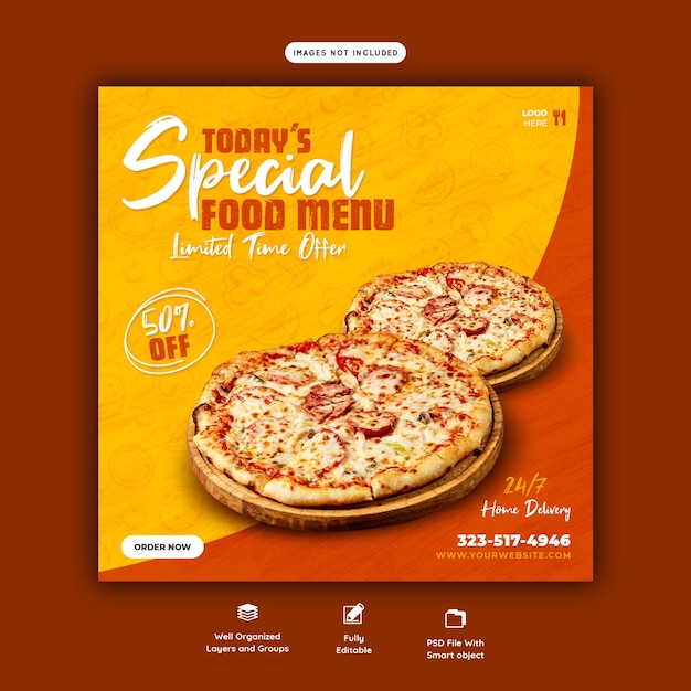 PSD gratuito menú de comida y deliciosa pizza plantilla de banner de redes sociales