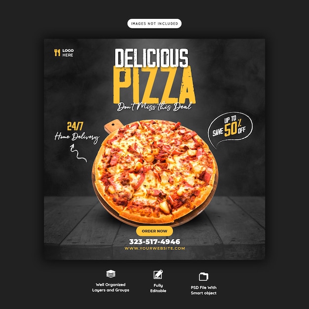 Menú de comida y deliciosa pizza plantilla de banner de redes sociales