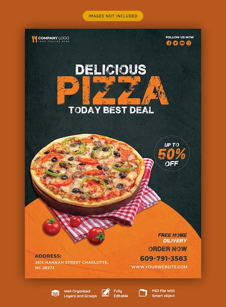 Menú de comida y deliciosa plantilla de volante de pizza