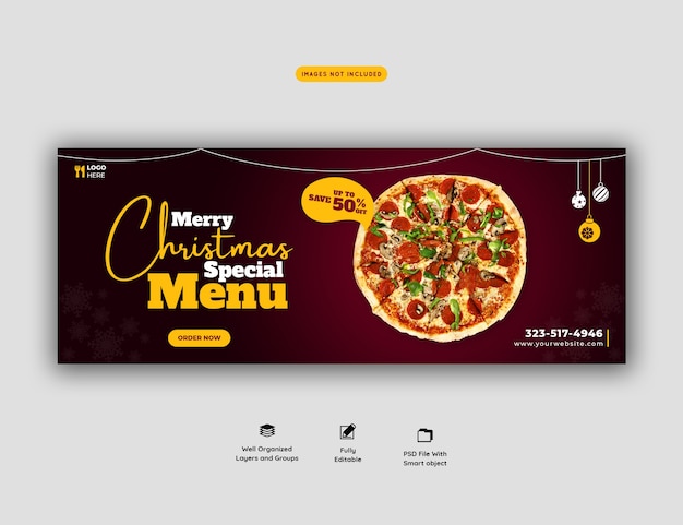 Menú de comida de feliz navidad y deliciosa pizza plantilla de banner de portada de facebook