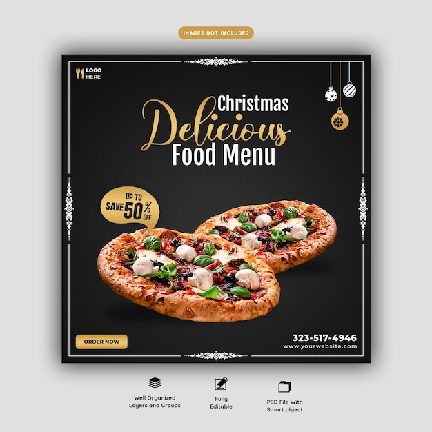 Menú de comida de feliz navidad y deliciosa pizza plantilla de banner de redes sociales