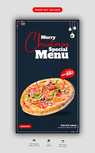 PSD gratuito menú de comida de feliz navidad y deliciosa pizza plantilla de historia de instagram y facebook