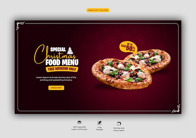 Menú de comida de feliz navidad y plantilla de banner web de deliciosa pizza