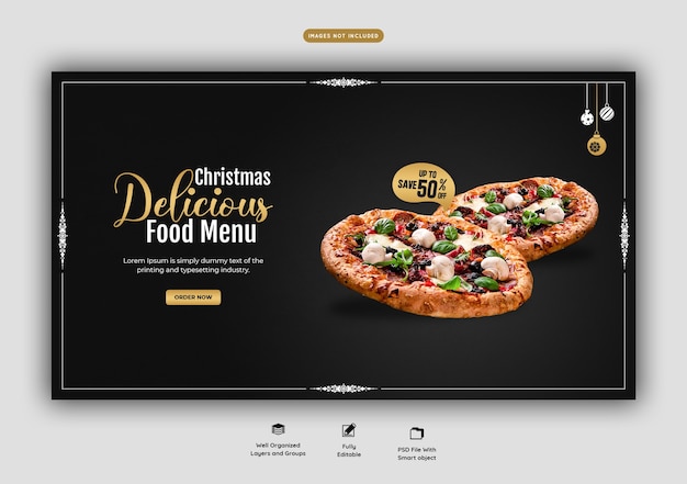 PSD gratuito menú de comida de feliz navidad y plantilla de banner web de deliciosa pizza