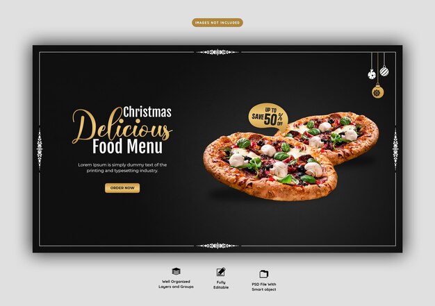 Menú de comida de feliz navidad y plantilla de banner web de deliciosa pizza