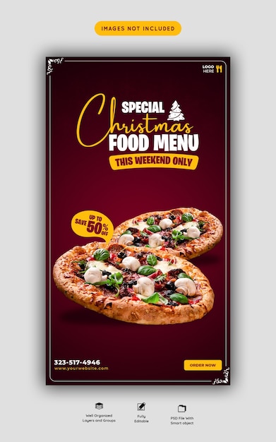 Menú de comida de feliz navidad y plantilla de historia de redes sociales de deliciosa pizza