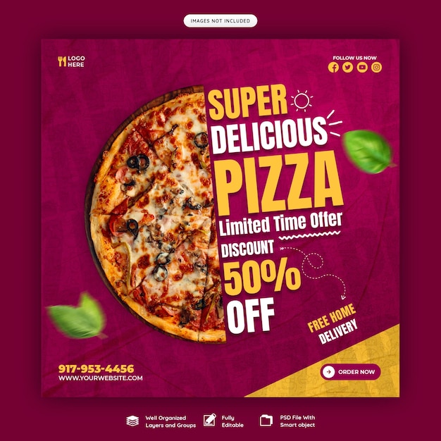 PSD gratuito menú de comida y pizza deliciosa plantilla de banner de redes sociales