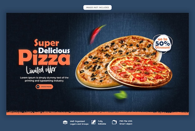 Menú de comida y pizza deliciosa plantilla de banner de redes sociales