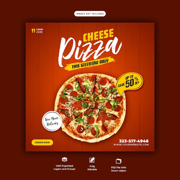 Menú de comida y plantilla de banner de redes sociales de pizza de queso