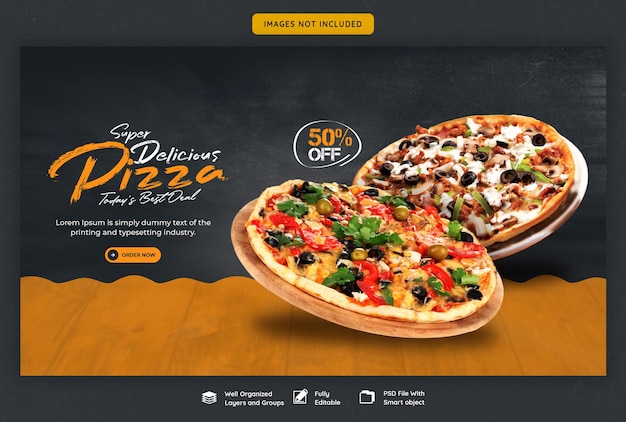 Menú de comida y plantilla de banner web de deliciosa pizza