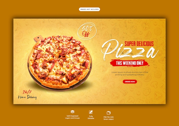 Menú de comida y plantilla de banner web de deliciosa pizza