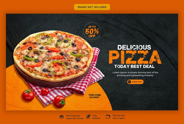 Menú de comida y plantilla de banner web de pizza deliciosa
