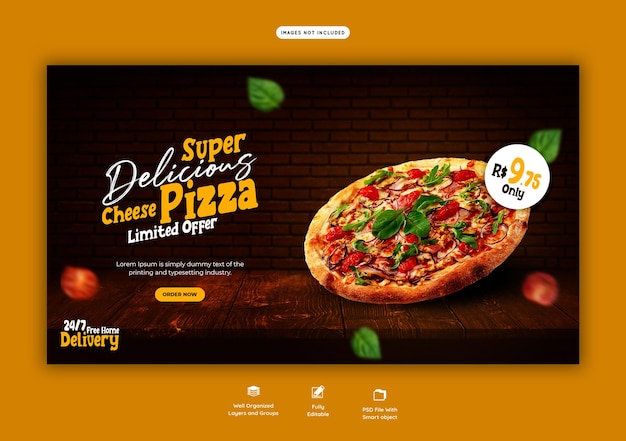 Menú de comida y plantilla de banner web de pizza deliciosa