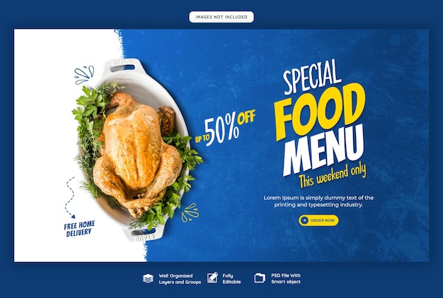 PSD gratuito menú de comida y plantilla de banner web de restaurante