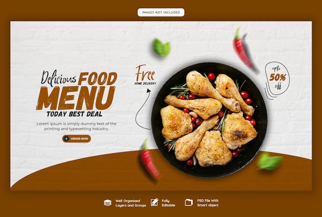 PSD gratuito menú de comida y plantilla de banner web de restaurante