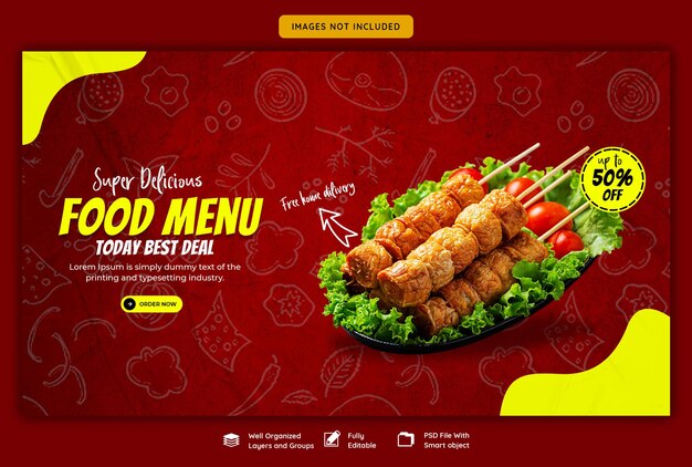 Menú de comida y plantilla de banner web de restaurante