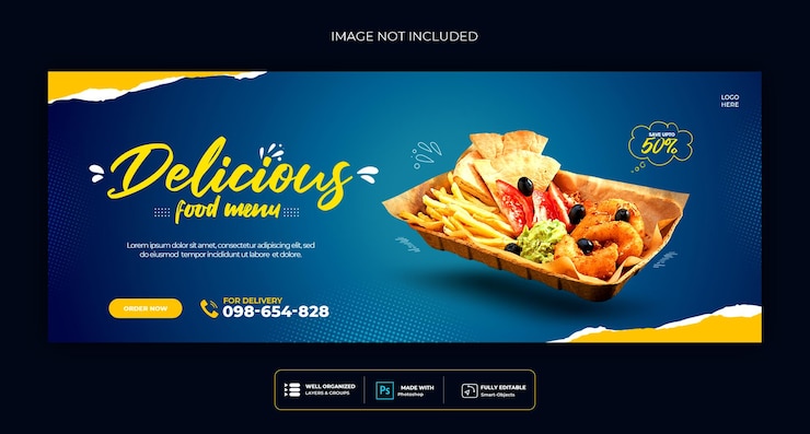 Menú de comida y plantilla de portada de redes sociales de restaurante