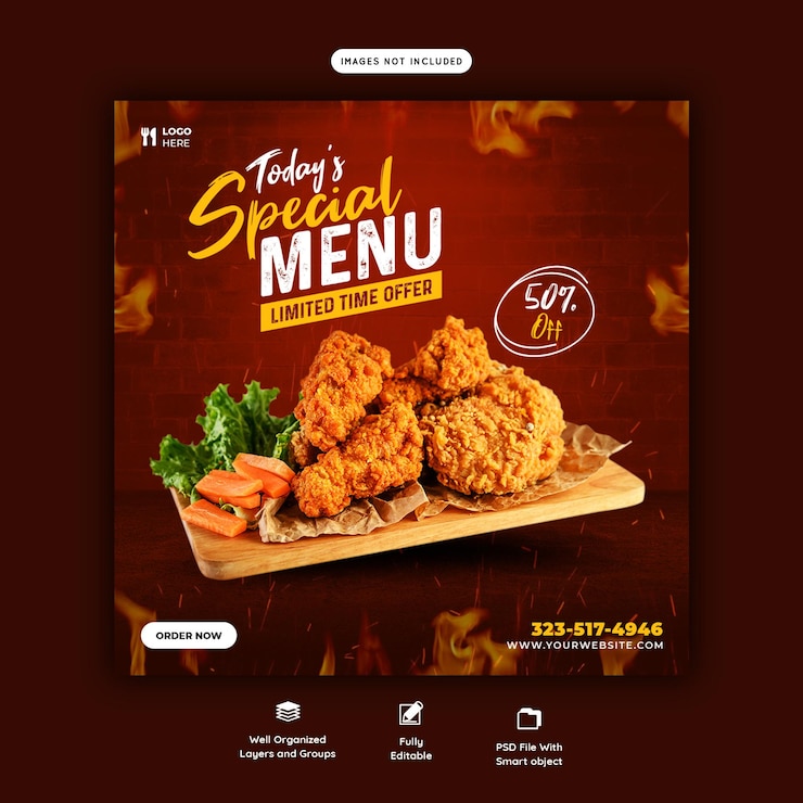 PSD gratuito menú de comida y plantilla de publicación de redes sociales de restaurante