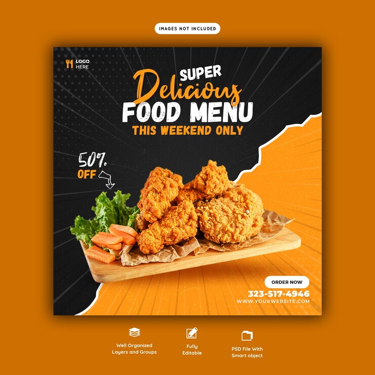 PSD gratuito menú de comida y plantilla de publicación de redes sociales de restaurante