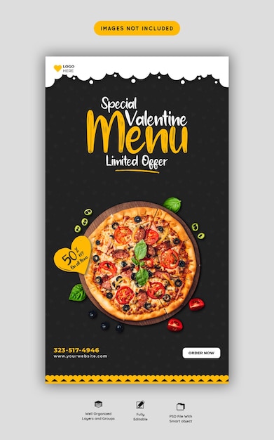 Menú de comida de San Valentín y deliciosa pizza Plantilla de historia de Instagram y Facebook