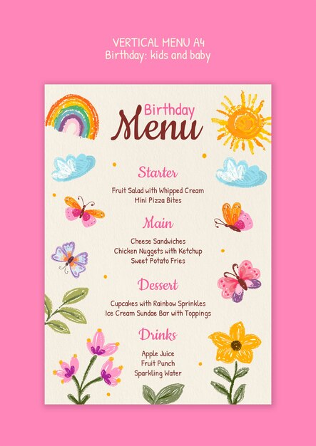 Menú de cumpleaños para niños y bebés