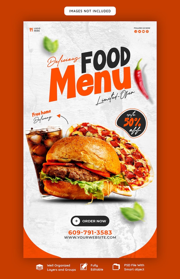 PSD gratuito menu del cibo e modello di storia di instagram e facebook del ristorante