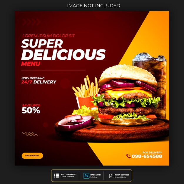 Menu di cibo e ristorante burger modello di post sui social media