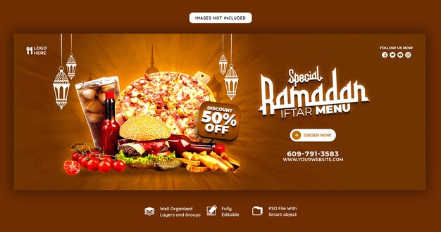 Menú especial de comida y iftar de Ramadán Kareem plantilla de banner de portada de Facebook