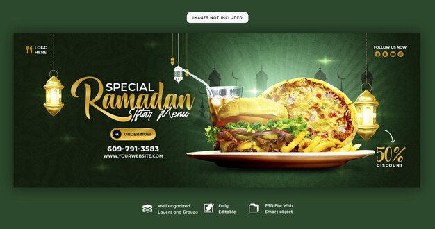 Menú especial de comida y iftar de Ramadán Kareem plantilla de banner de portada de Facebook