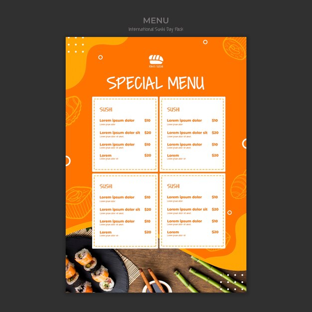 Menú especial para restaurante de sushi.