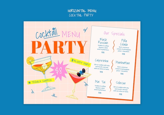 Menú de la fiesta de cócteles con especialidades