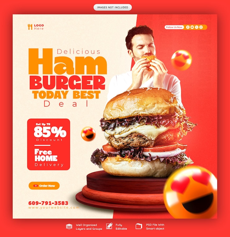 PSD gratuito menú de hamburguesas y comidas deliciosas banner de redes sociales o plantilla de publicación de instagram