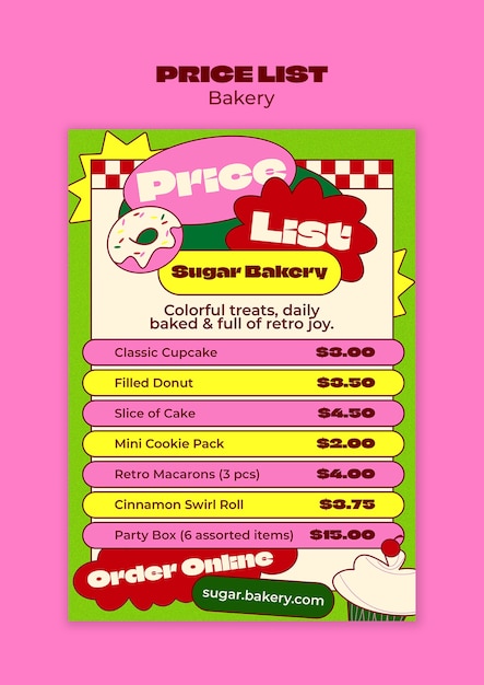 El menú de la lista de precios de la panadería retro