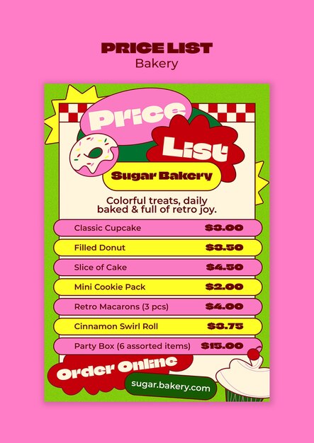 El menú de la lista de precios de la panadería retro