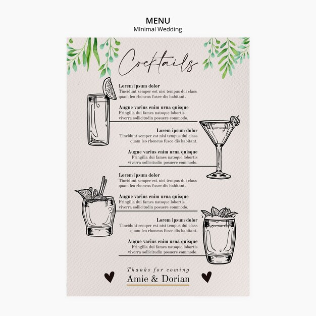 Menú de plantilla de boda mínima