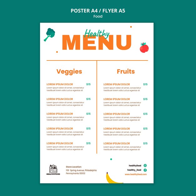 Menú de restaurante de comida sana