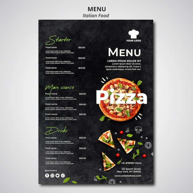 Menú para restaurante de comida tradicional italiana.