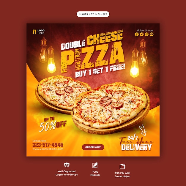 Gratis PSD menu voedsel en heerlijke pizza sociale media-sjabloon voor spandoek