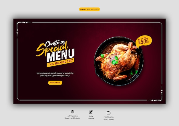 Gratis PSD merry christmas food menu en restaurant websjabloon voor spandoek