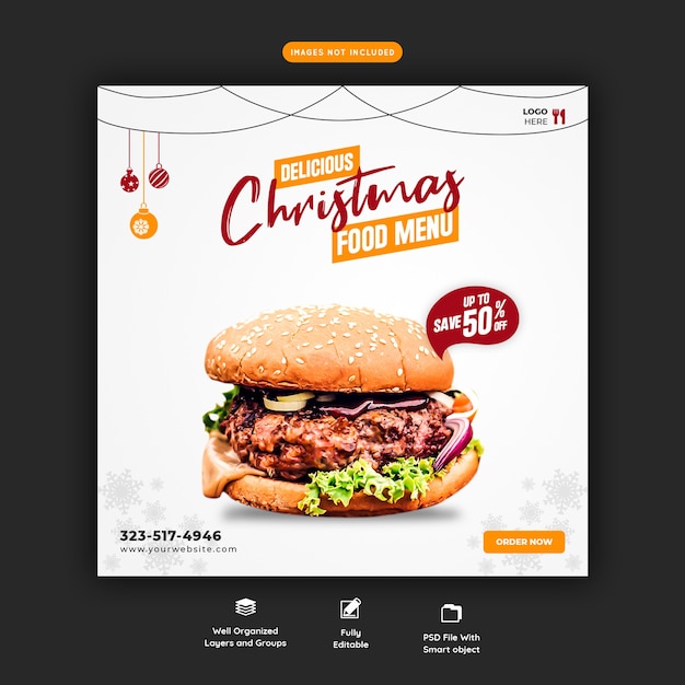 Merry christmas heerlijke hamburger en voedsel menusjabloon sociale media-bannermalplaatje