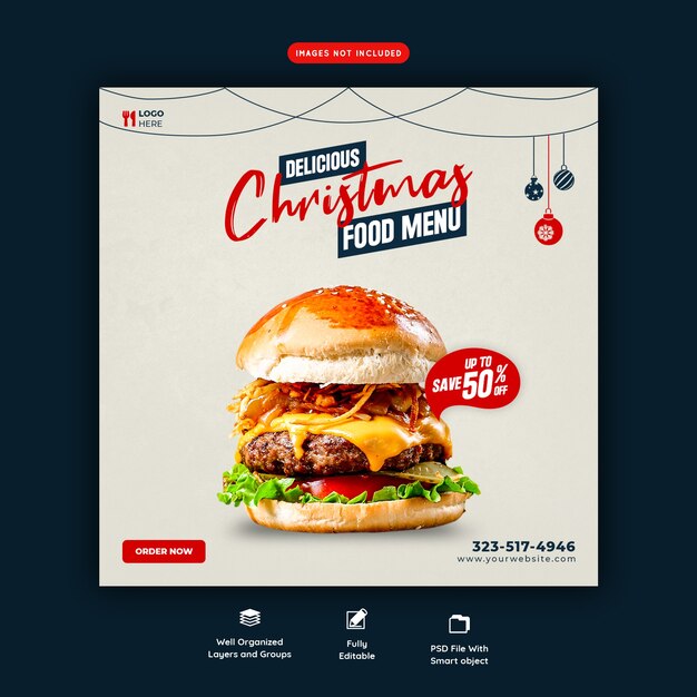 Merry christmas heerlijke hamburger en voedsel menusjabloon sociale media-bannermalplaatje