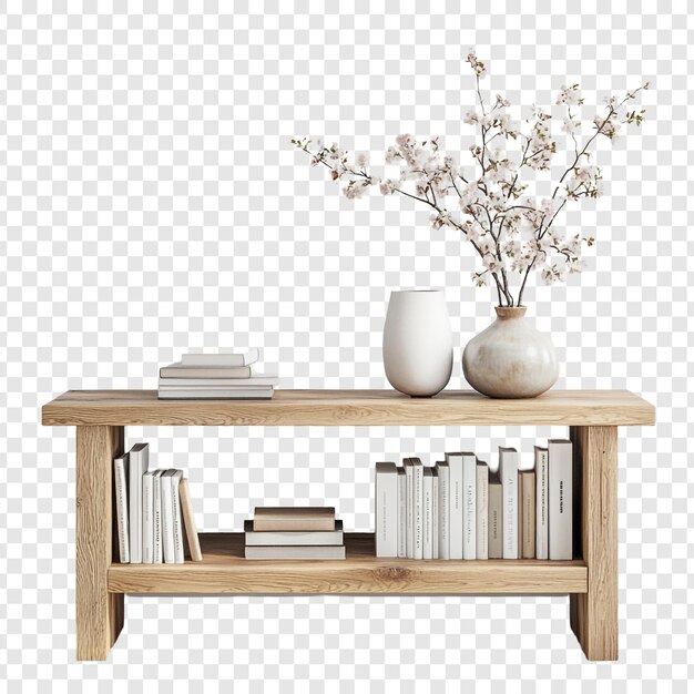 Mesa de consola de madera con libros y arreglos de flores